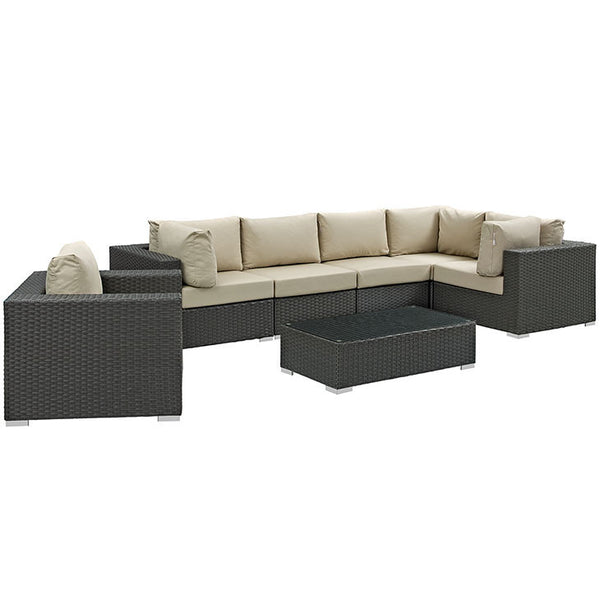 SOJOURN 7 PIECE OUTDOOR PATIO SECTIONAL SET IN SUNBRELLA® CANVAS ANTIQUE BEIGE