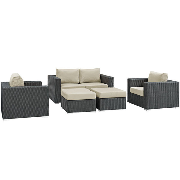 SOJOURN 5 PIECE OUTDOOR PATIO SECTIONAL SET IN SUNBRELLA® CANVAS ANTIQUE BEIGE