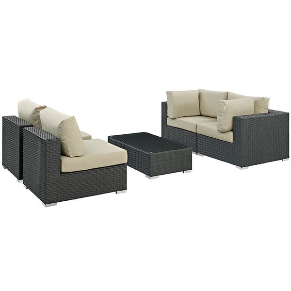 SOJOURN 5 PIECE OUTDOOR PATIO SECTIONAL SET IN SUNBRELLA® CANVAS ANTIQUE BEIGE