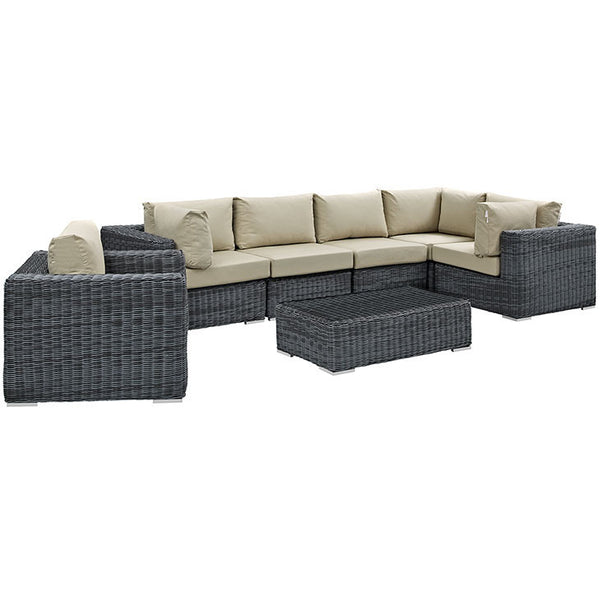 SUMMON 7 PIECE OUTDOOR PATIO SECTIONAL SET IN SUNBRELLA® CANVAS ANTIQUE BEIGE