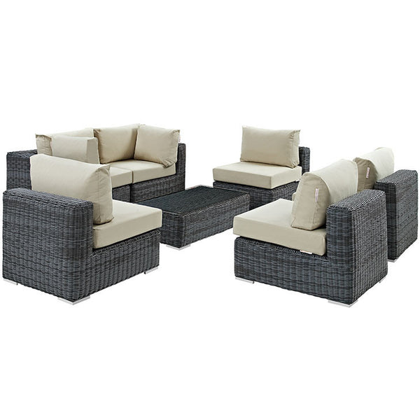 SUMMON 7 PIECE OUTDOOR PATIO SECTIONAL SET IN SUNBRELLA® CANVAS ANTIQUE BEIGE