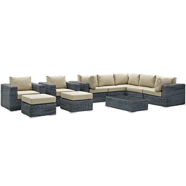 SUMMON 10 PIECE OUTDOOR PATIO SECTIONAL SET IN SUNBRELLA® CANVAS ANTIQUE BEIGE