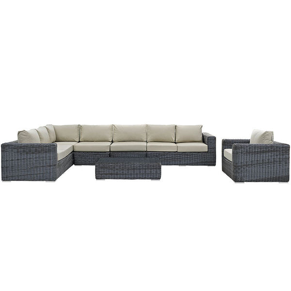 SUMMON 7 PIECE OUTDOOR PATIO SECTIONAL SET IN SUNBRELLA® GRAY BEIGE